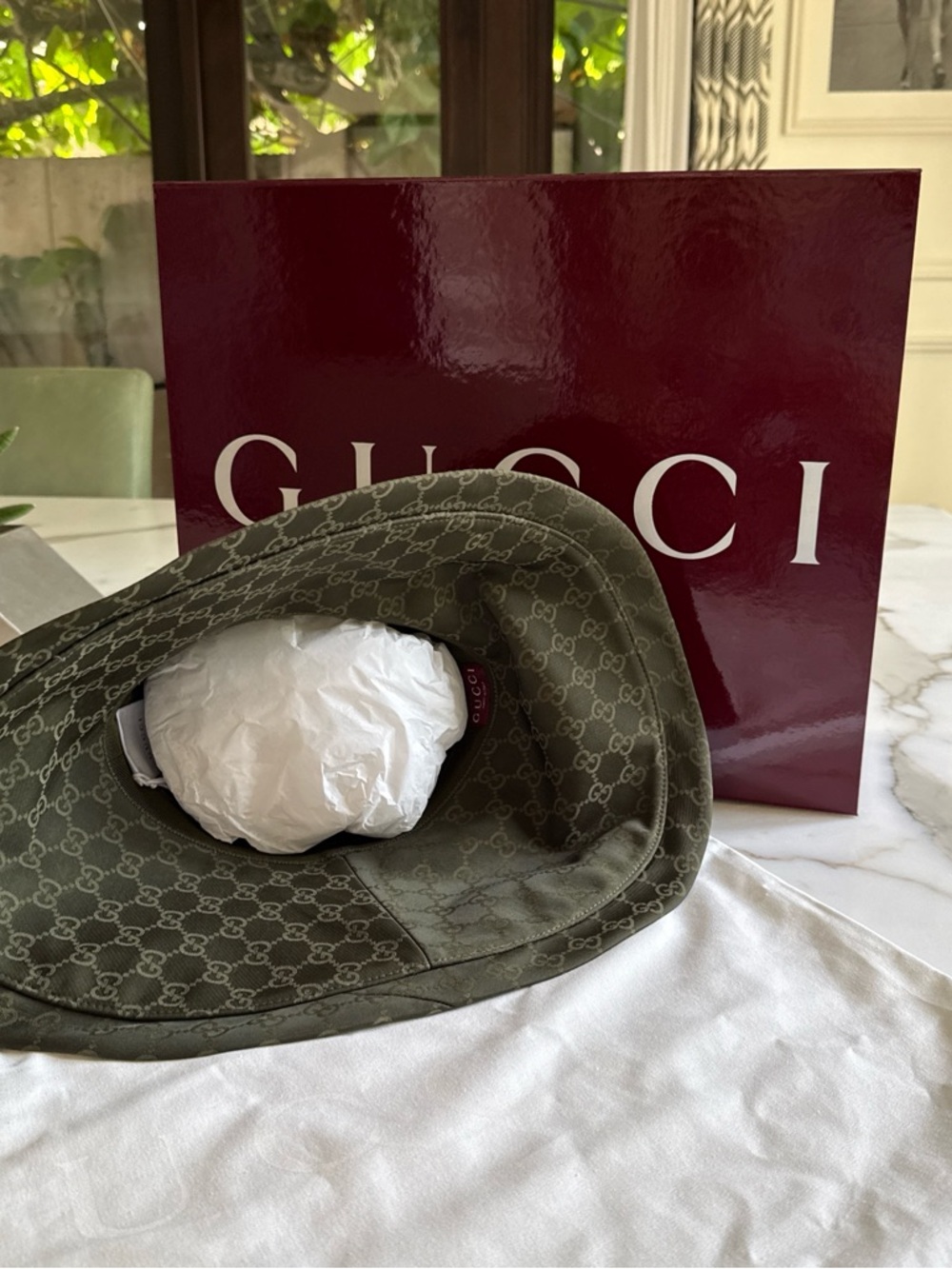Gucci Olive GG Canvas Wide-Brim Bucket Hat with Gold GG Charm - Picture 3 of 11
